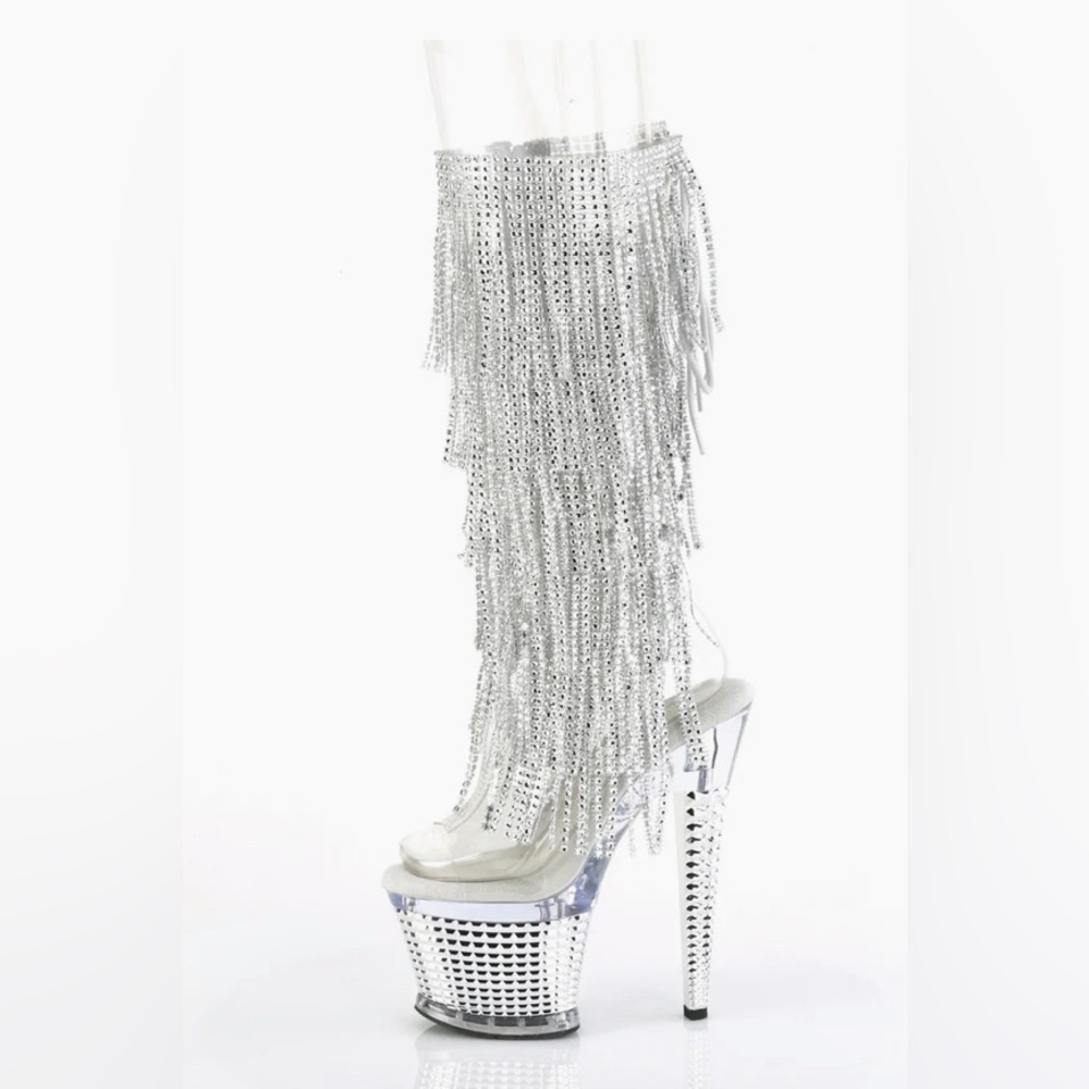 💎BEDAZZLED FRINGE💎 PLEASER HEELS SWAROVSKI RHINESTONE PLATFORM STILETTO BOOTS